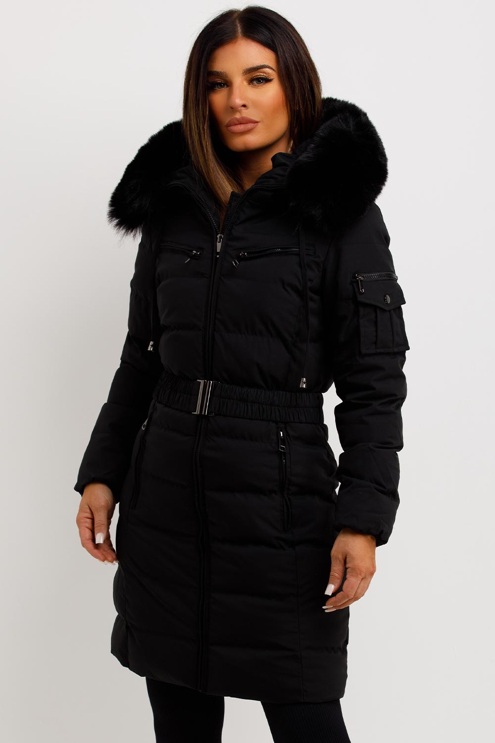 Madelyn | Women’s belted long puffer coat with faux fur hood