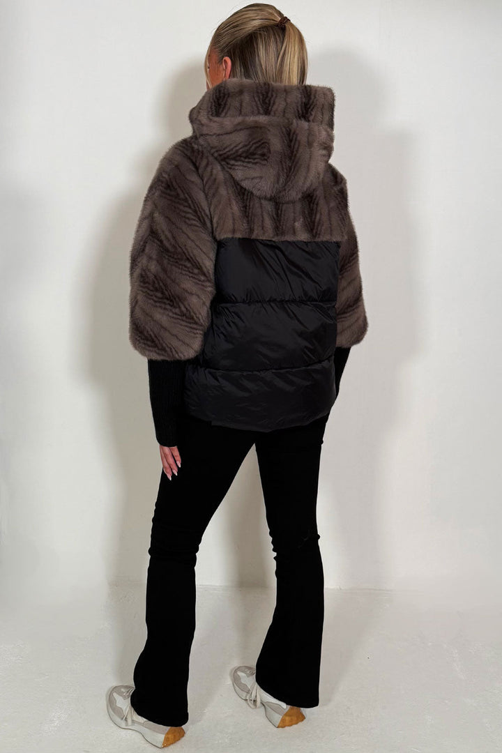Halle | Women’s faux fur hooded jacket with contrast waist panel