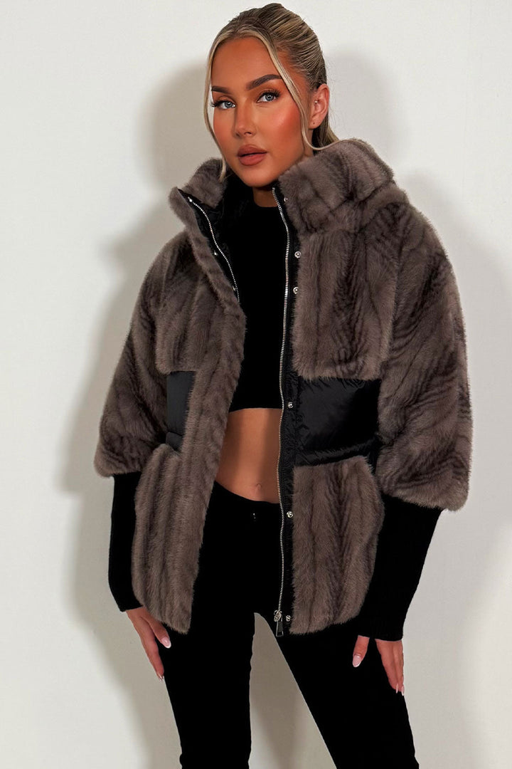 Halle | Women’s faux fur hooded jacket with contrast waist panel