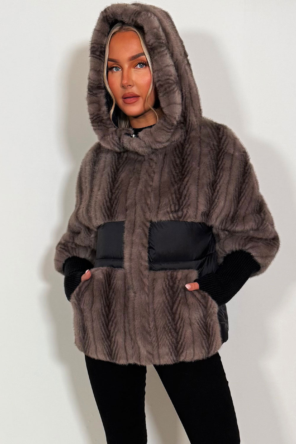 Halle | Women’s faux fur hooded jacket with contrast waist panel