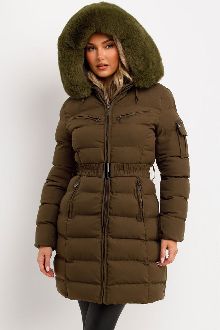 Viennan | Women’s longline belted puffer coat with faux fur hood