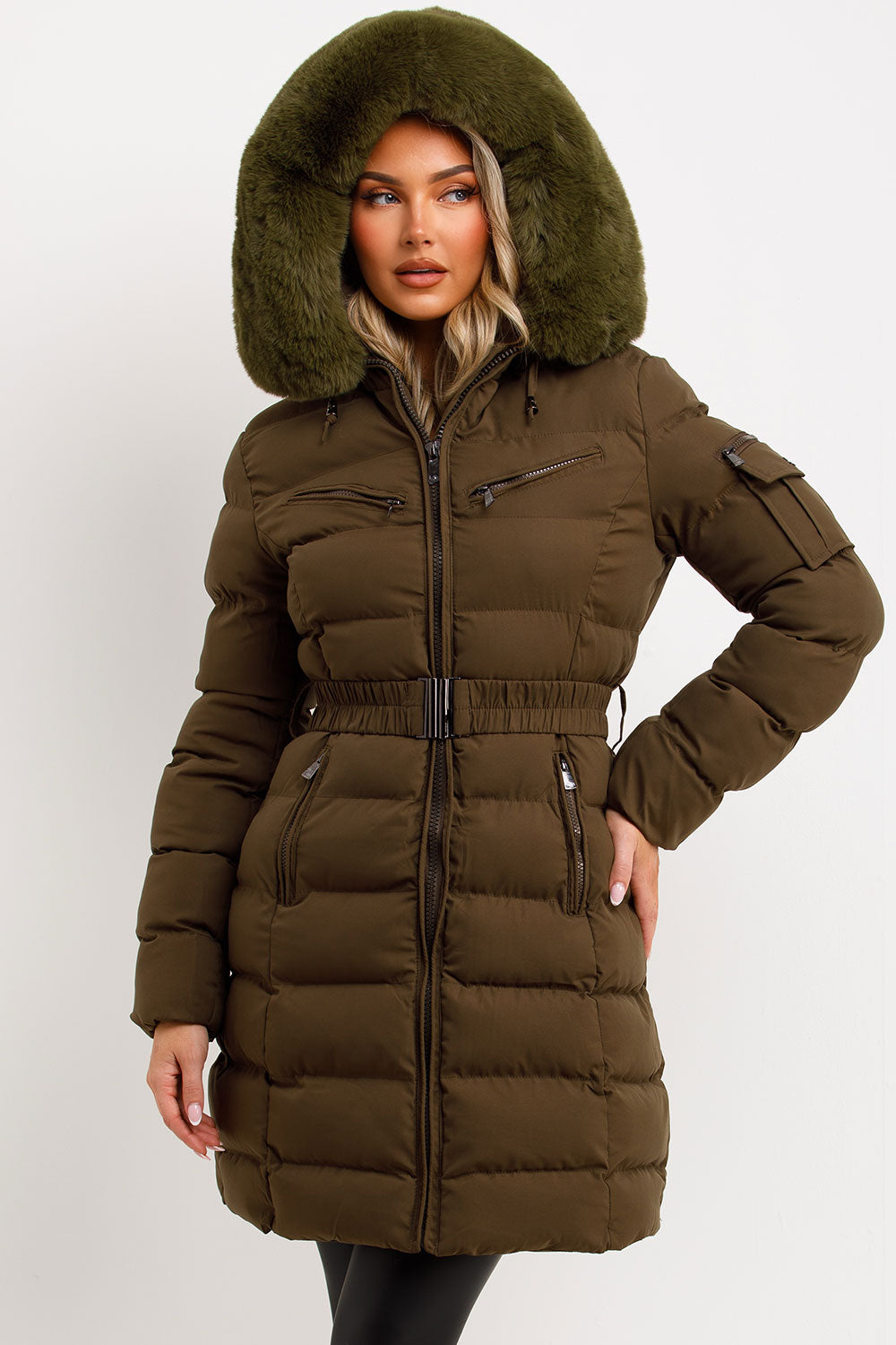 Viennan | Women’s longline belted puffer coat with faux fur hood
