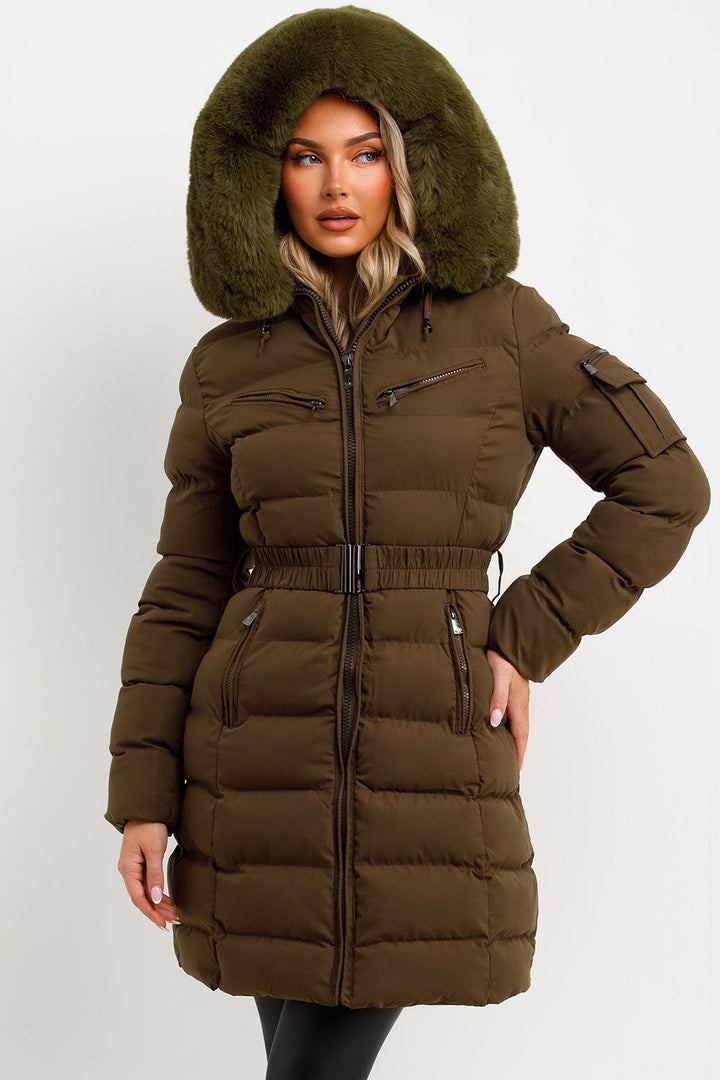Viennan | Women’s longline belted puffer coat with faux fur hood