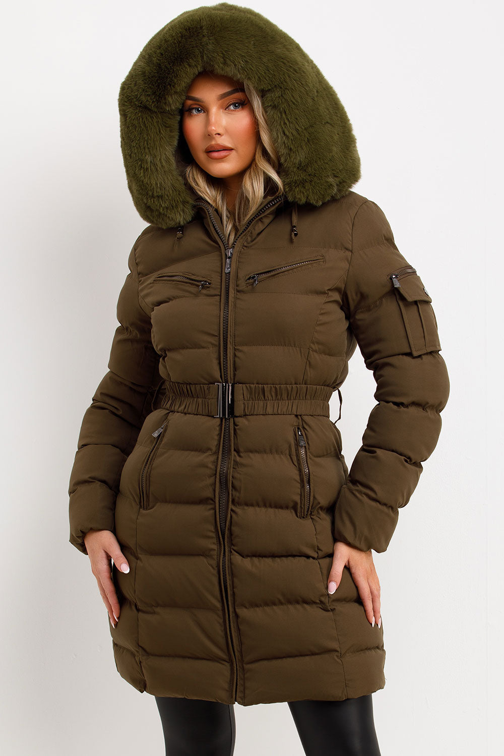 Viennan | Women’s longline belted puffer coat with faux fur hood