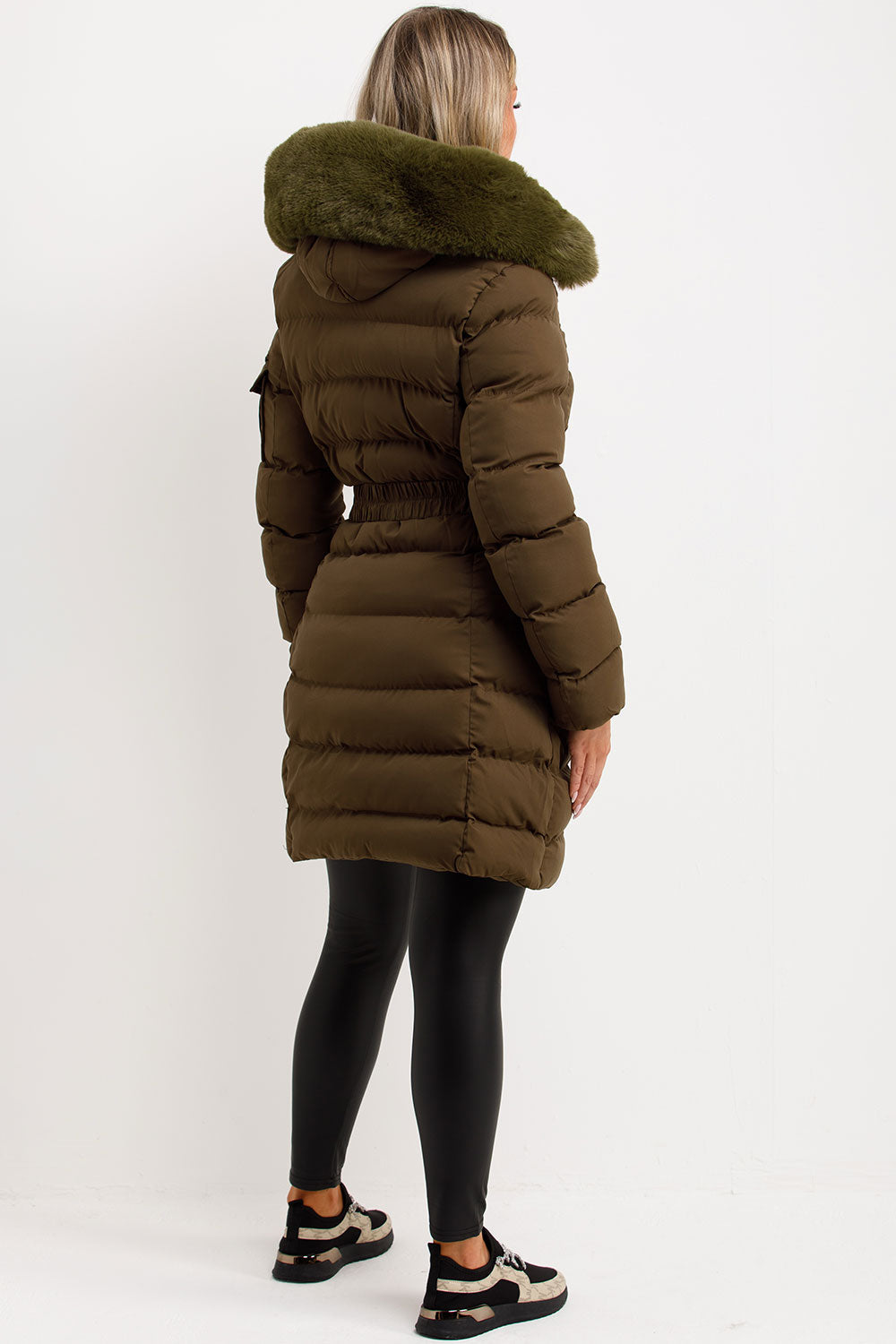 Viennan | Women’s longline belted puffer coat with faux fur hood