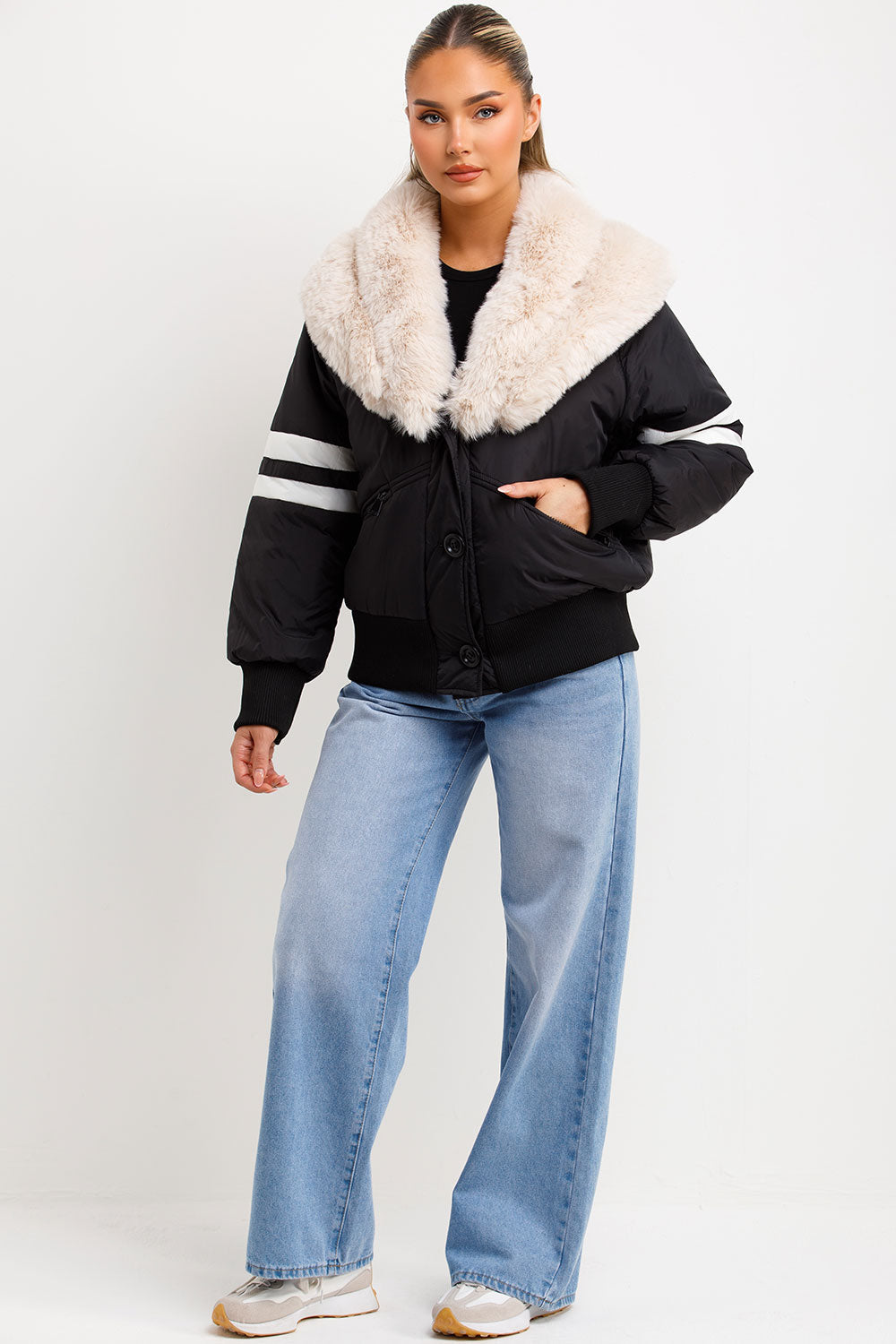 Zora | Women’s faux fur collar aviator bomber jacket