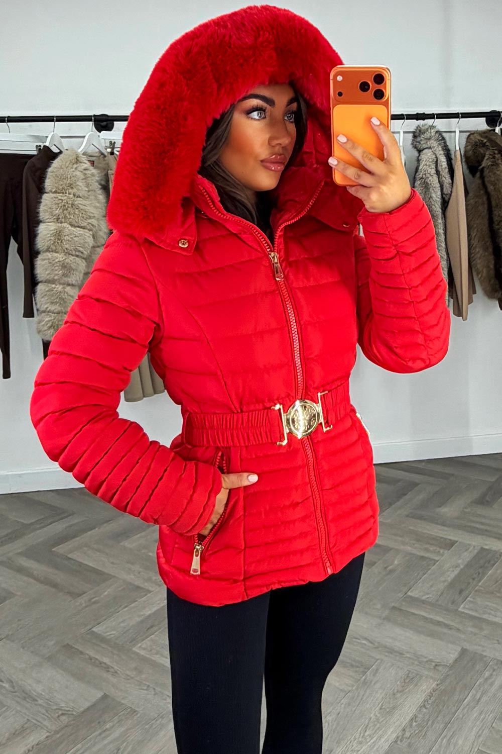 Megan | Women’s faux fur hooded puffer jacket with belt