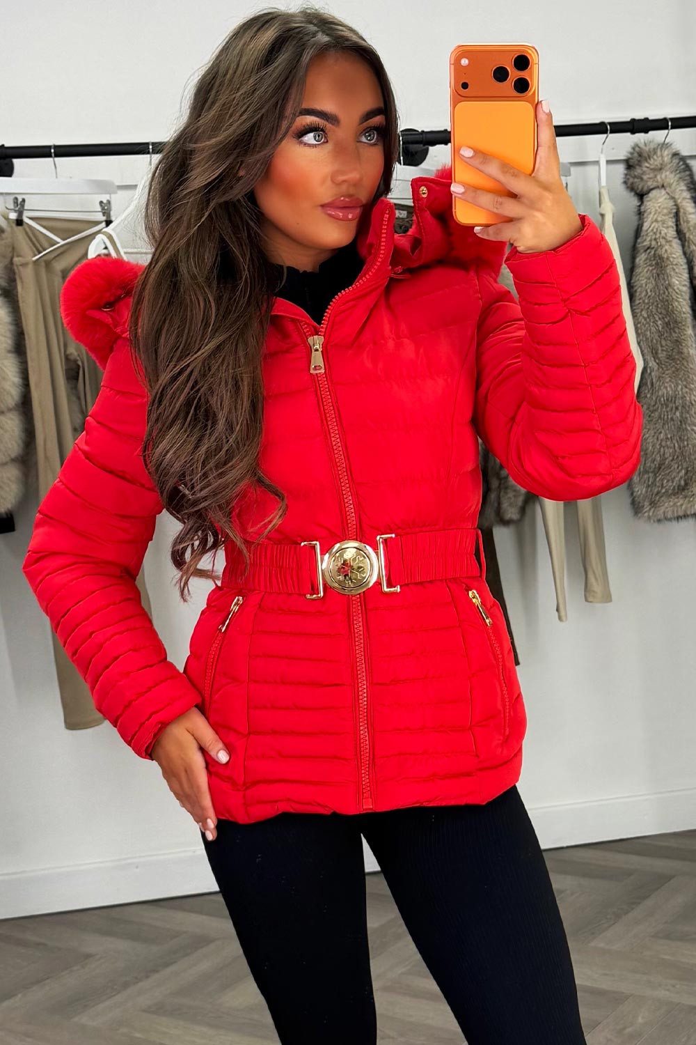 Megan | Women’s faux fur hooded puffer jacket with belt