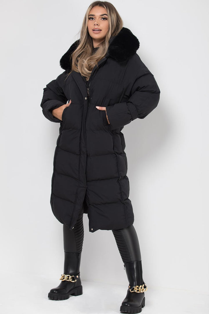 Flora | Women’s longline faux fur hood puffer coat
