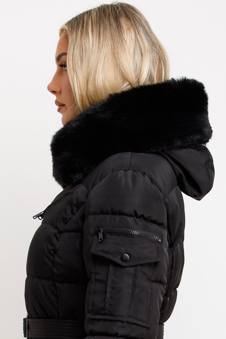 Jane | Women’s belted faux fur hooded puffer jacket