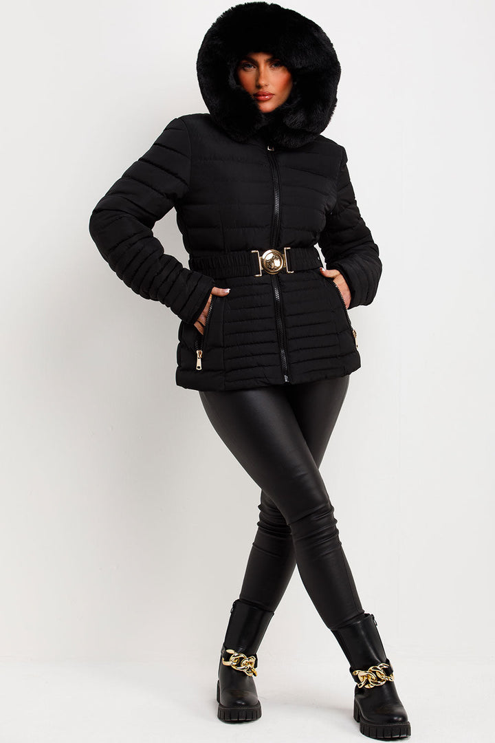 Ariel | Women’s faux fur hooded puffer jacket with gold belt