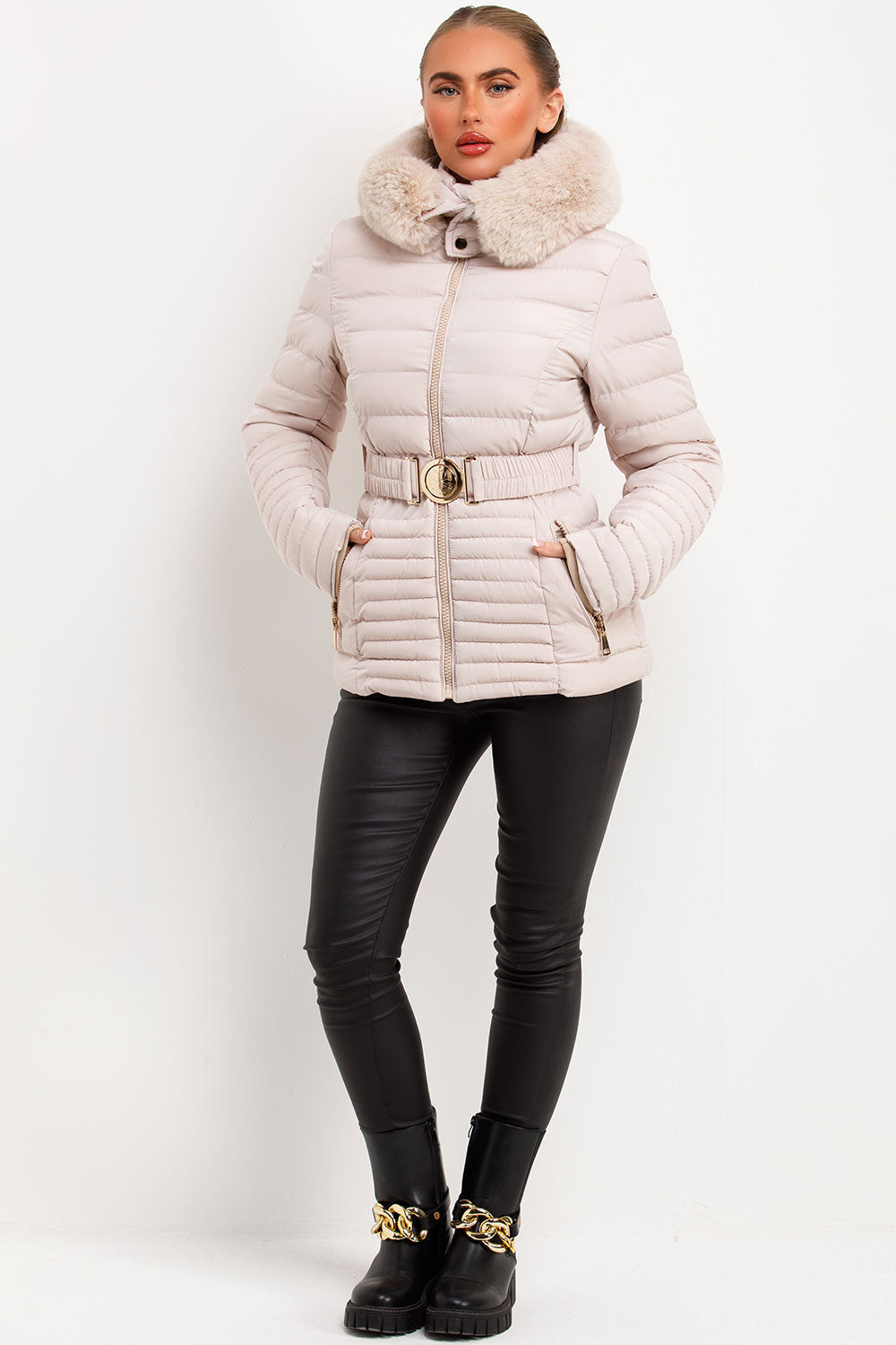 Penny | Women’s faux fur hooded puffer jacket with gold belt