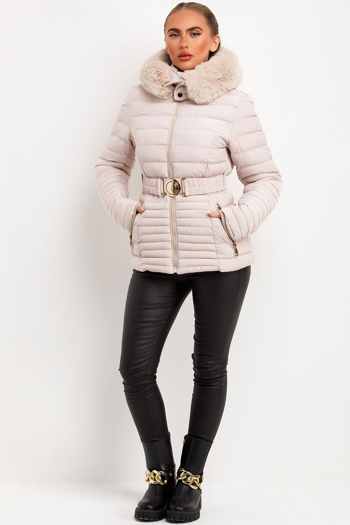 Penny | Women’s faux fur hooded puffer jacket with gold belt