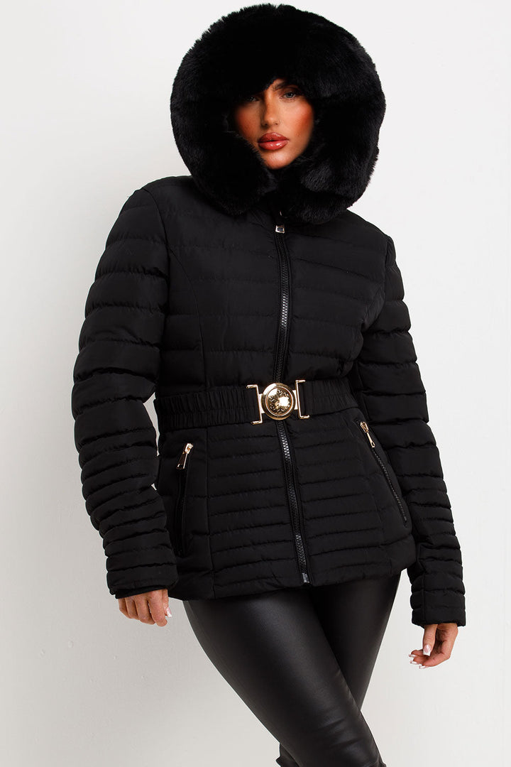 Ariel | Women’s faux fur hooded puffer jacket with gold belt