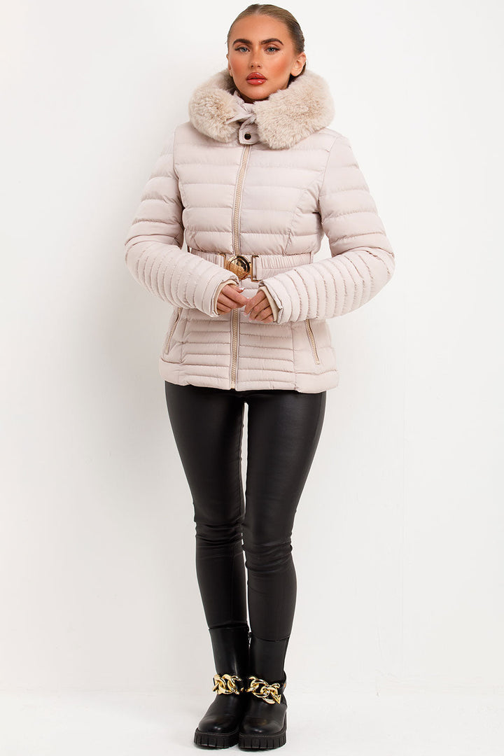 Penny | Women’s faux fur hooded puffer jacket with gold belt