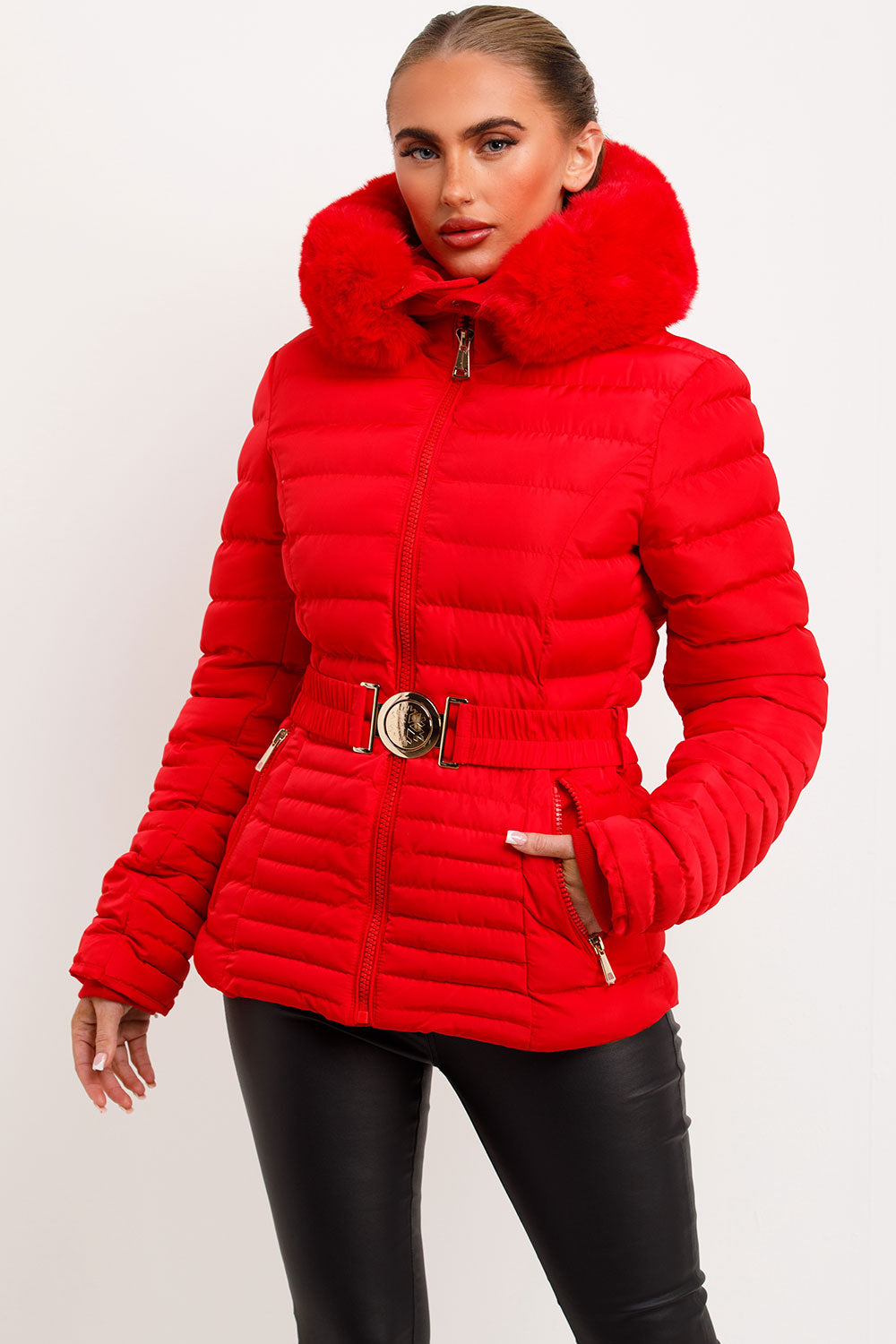 Megan | Women’s faux fur hooded puffer jacket with belt