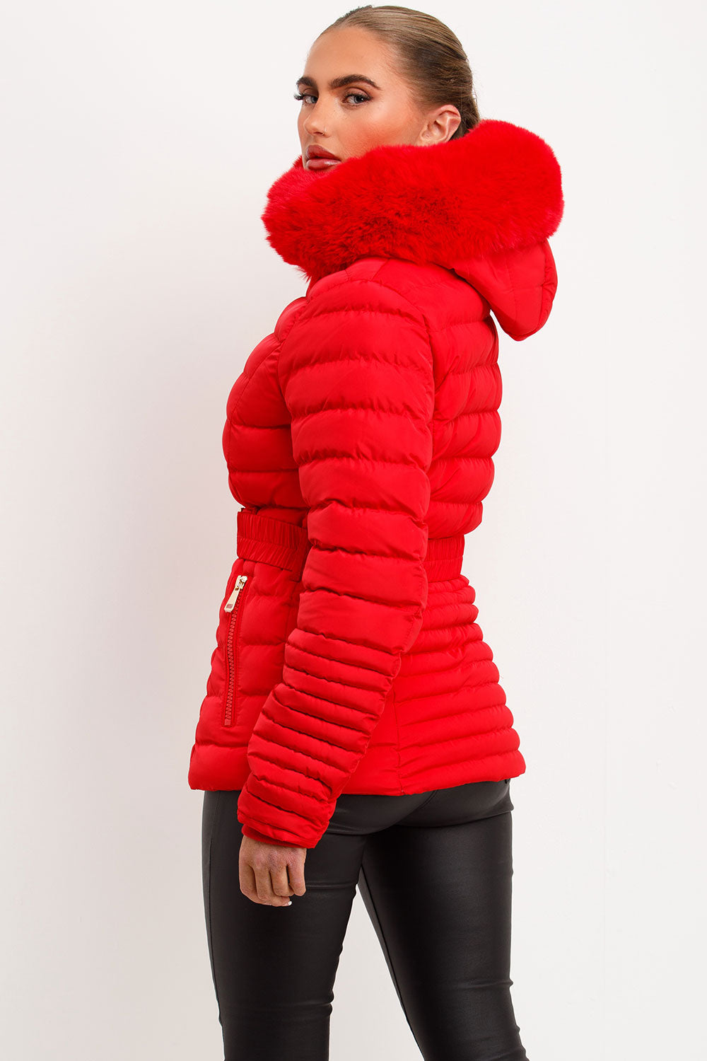 Megan | Women’s faux fur hooded puffer jacket with belt