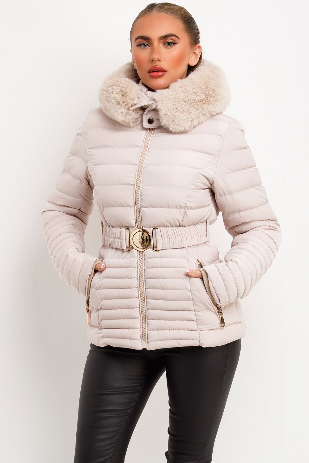 Penny | Women’s faux fur hooded puffer jacket with gold belt