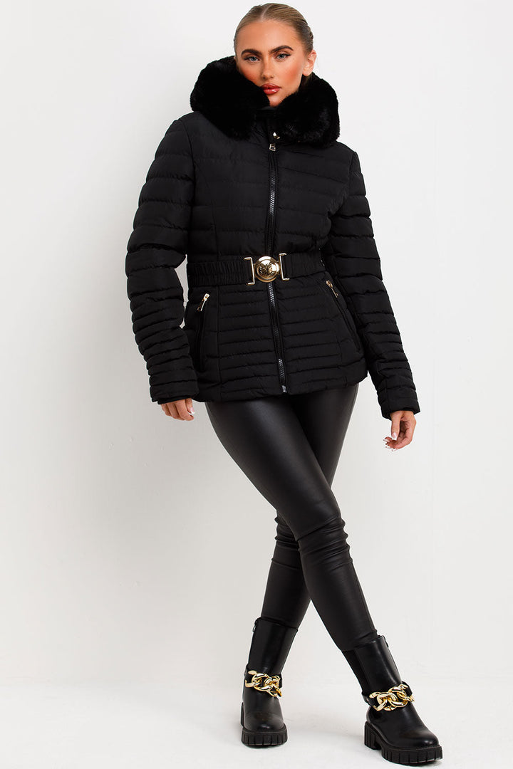 Ariel | Women’s faux fur hooded puffer jacket with gold belt