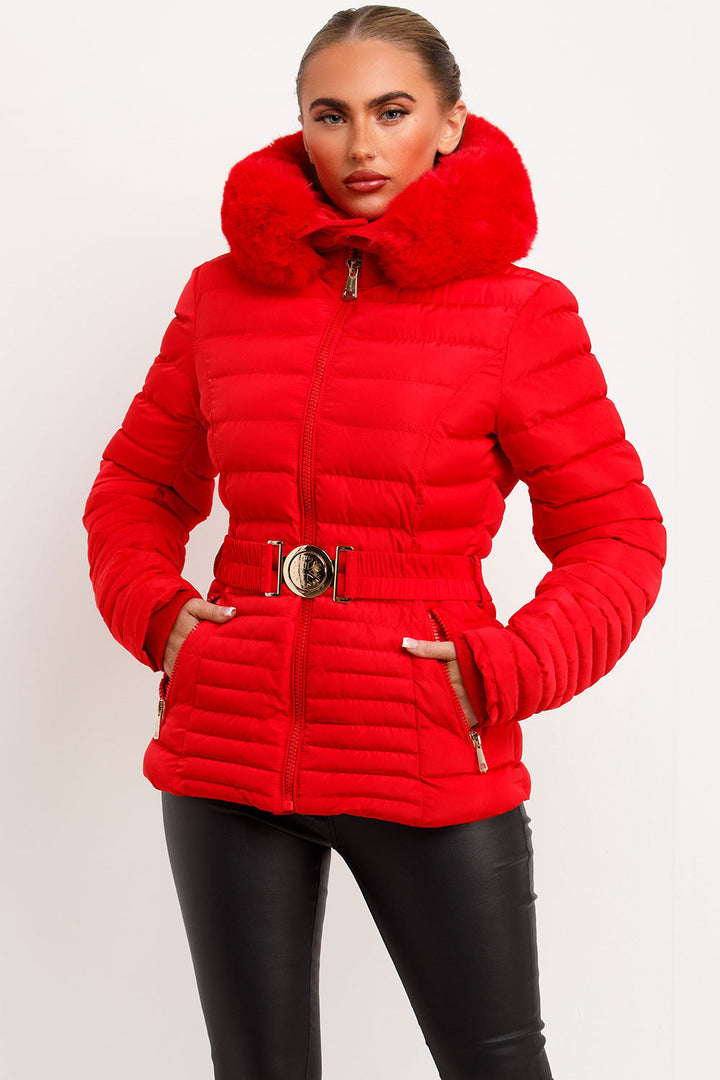 Megan | Women’s faux fur hooded puffer jacket with belt