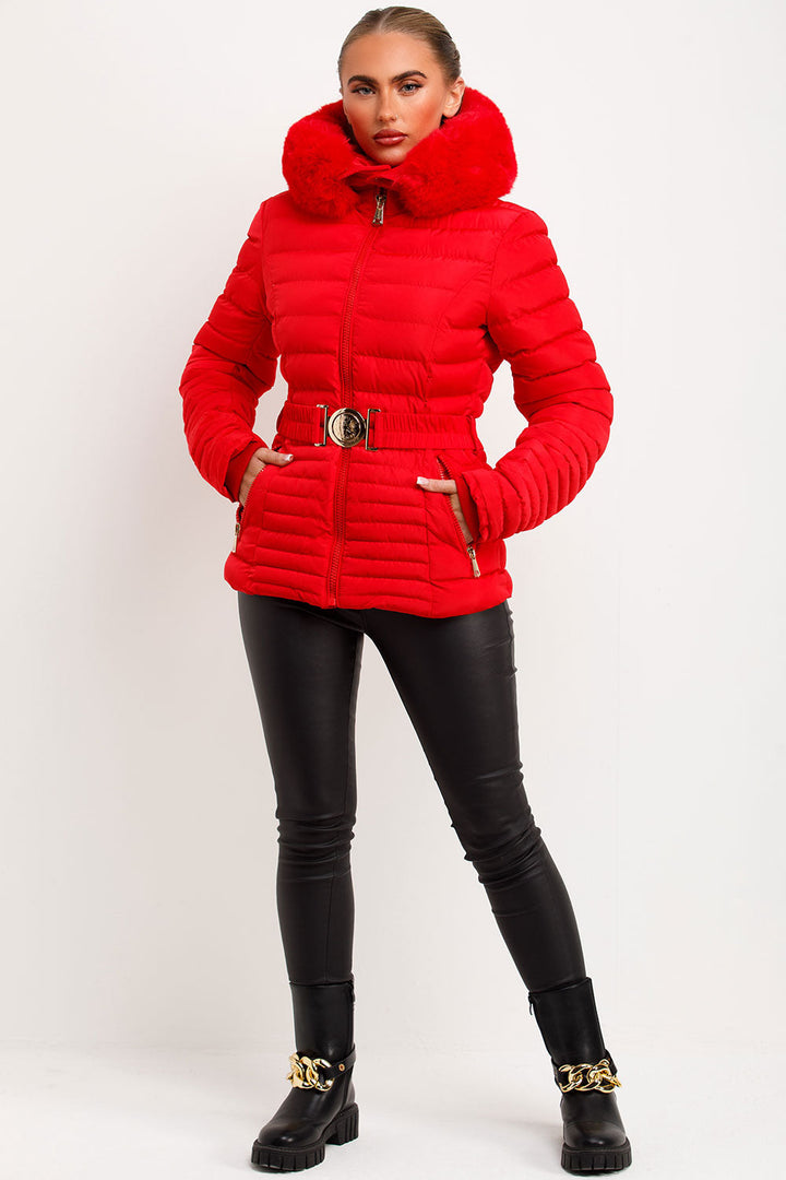 Megan | Women’s faux fur hooded puffer jacket with belt