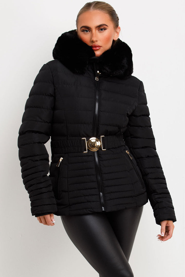 Ariel | Women’s faux fur hooded puffer jacket with gold belt