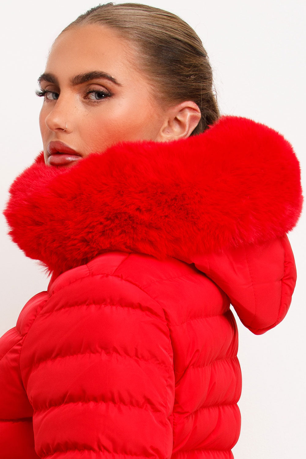 Megan | Women’s faux fur hooded puffer jacket with belt