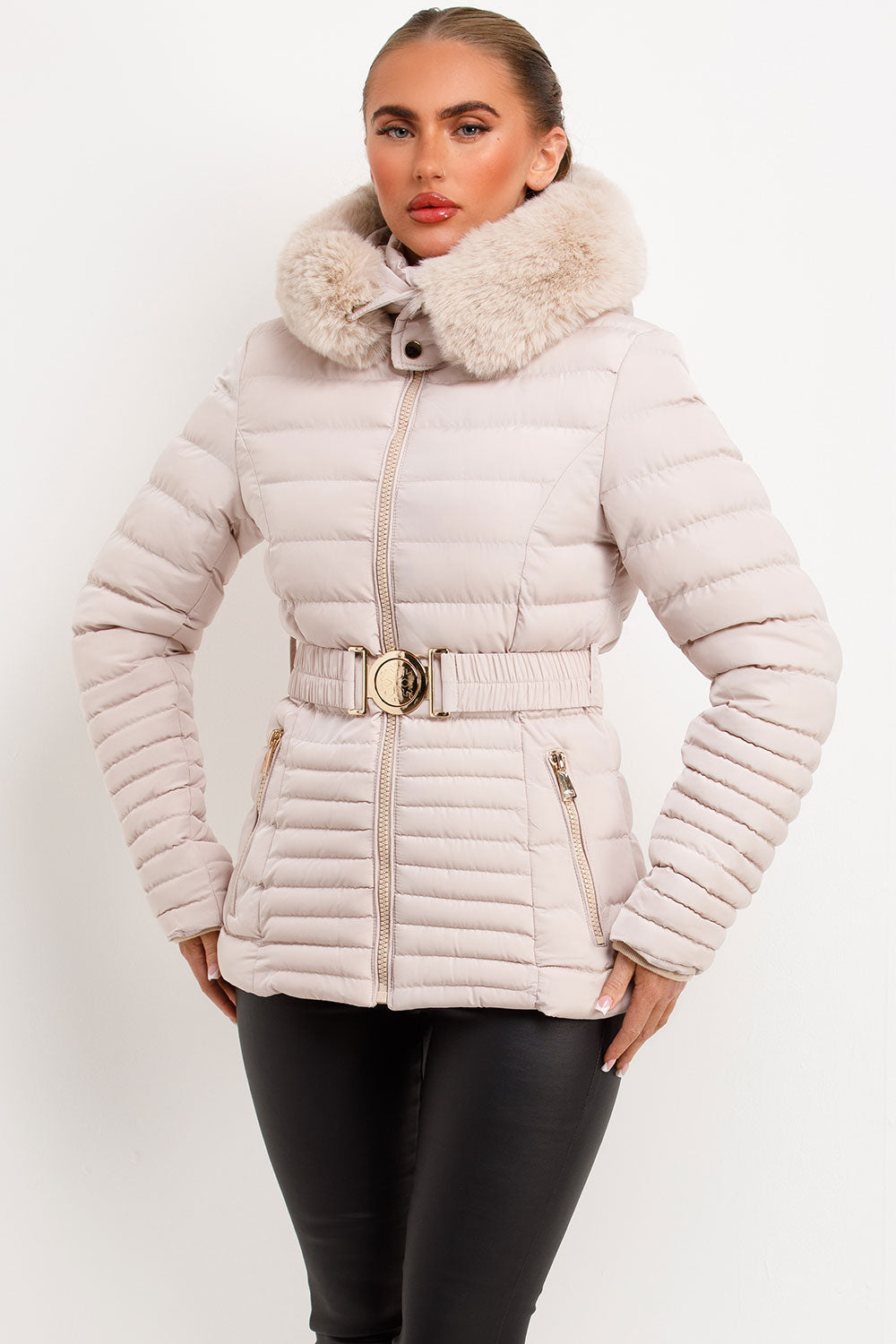 Penny | Women’s faux fur hooded puffer jacket with gold belt