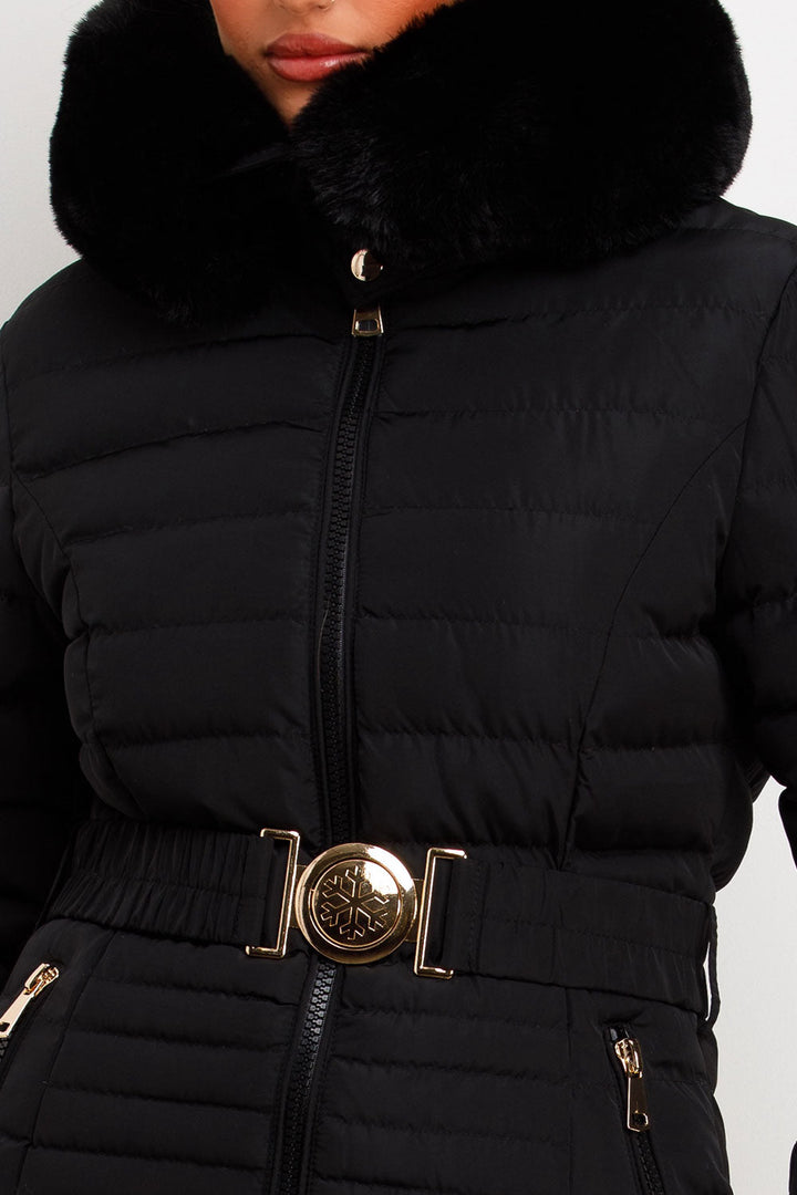 Ariel | Women’s faux fur hooded puffer jacket with gold belt