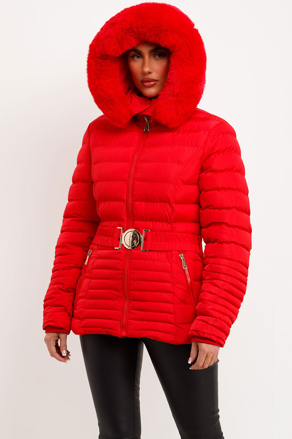 Megan | Women’s faux fur hooded puffer jacket with belt