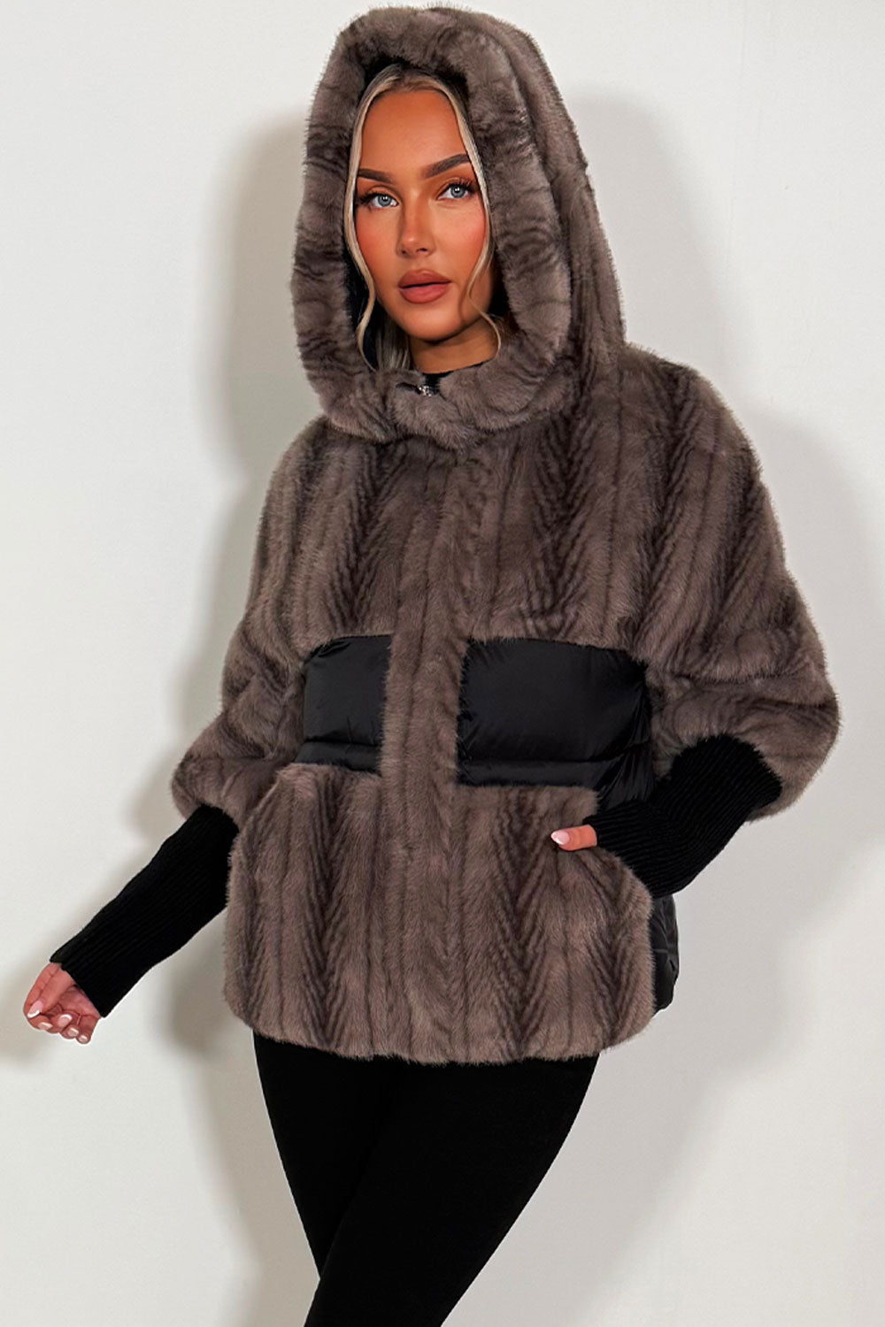 Halle | Women’s faux fur hooded jacket with contrast waist panel