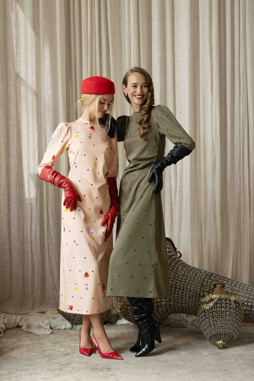 Ailany | Women’s long-sleeve midi dress with ribbon-tie back cutout and polka dot design