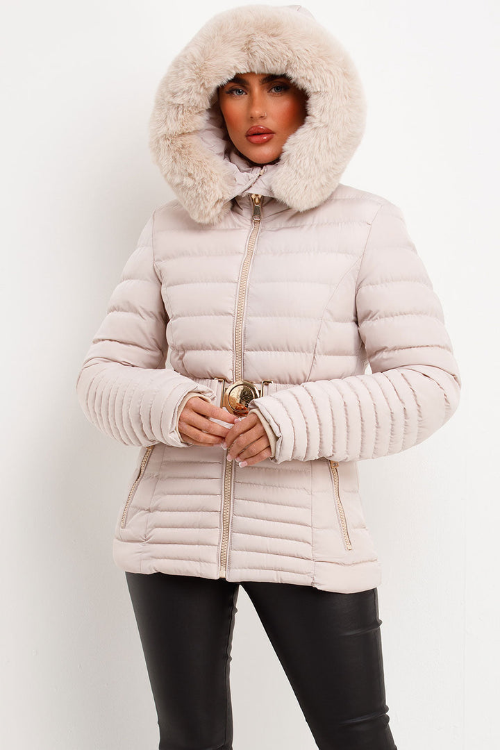 Penny | Women’s faux fur hooded puffer jacket with gold belt