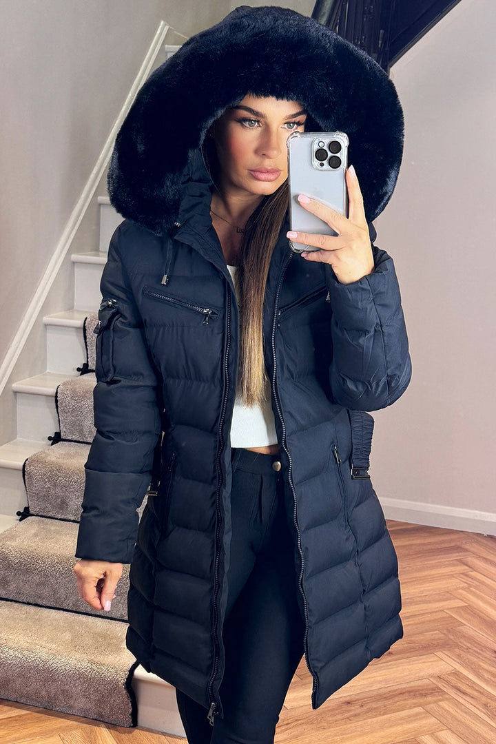 Madelyn | Women’s belted long puffer coat with faux fur hood