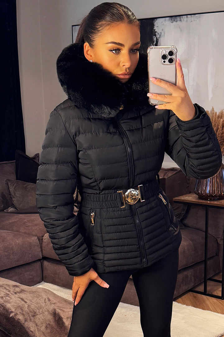 Ariel | Women’s faux fur hooded puffer jacket with gold belt