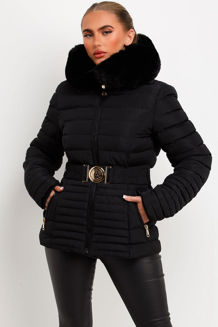 Ariel | Women’s faux fur hooded puffer jacket with gold belt