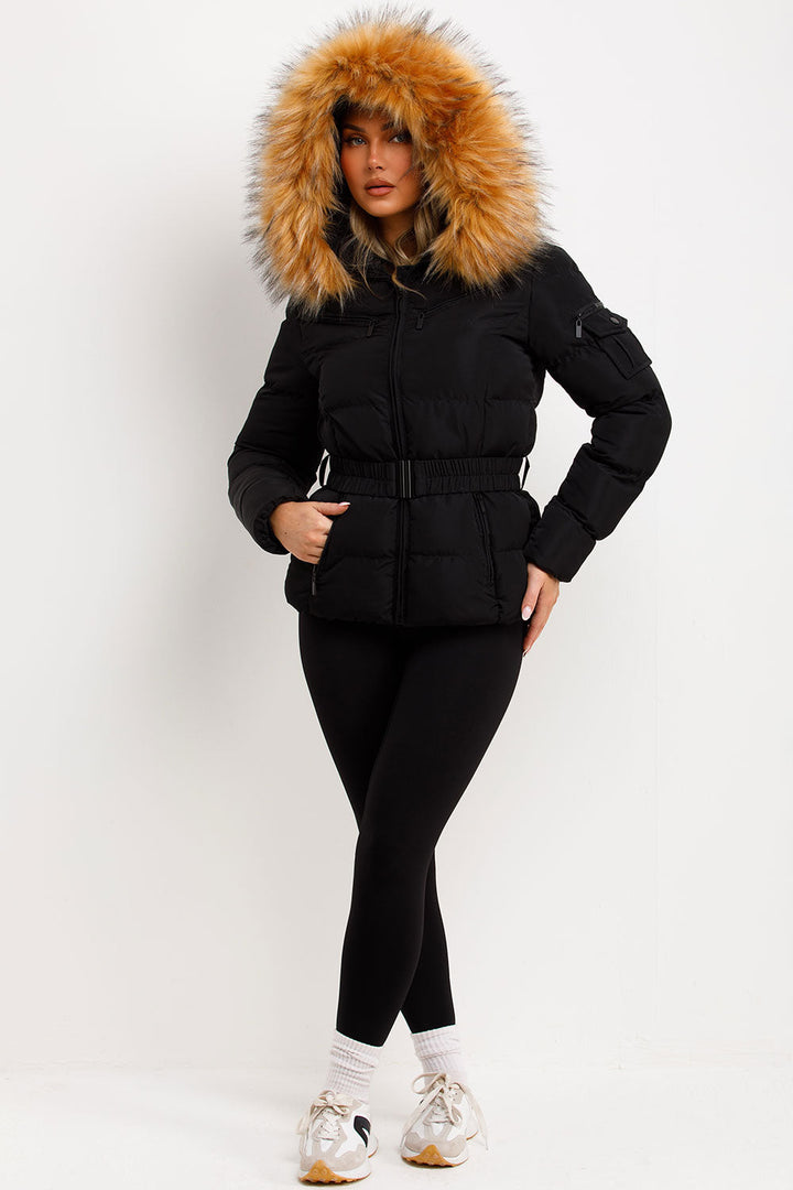 Lucille | Women’s belted faux fur hooded puffer jacket