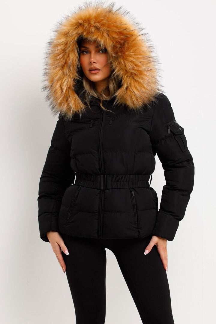 Lucille | Women’s belted faux fur hooded puffer jacket