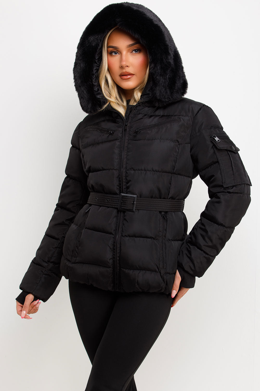 Jane | Women’s belted faux fur hooded puffer jacket