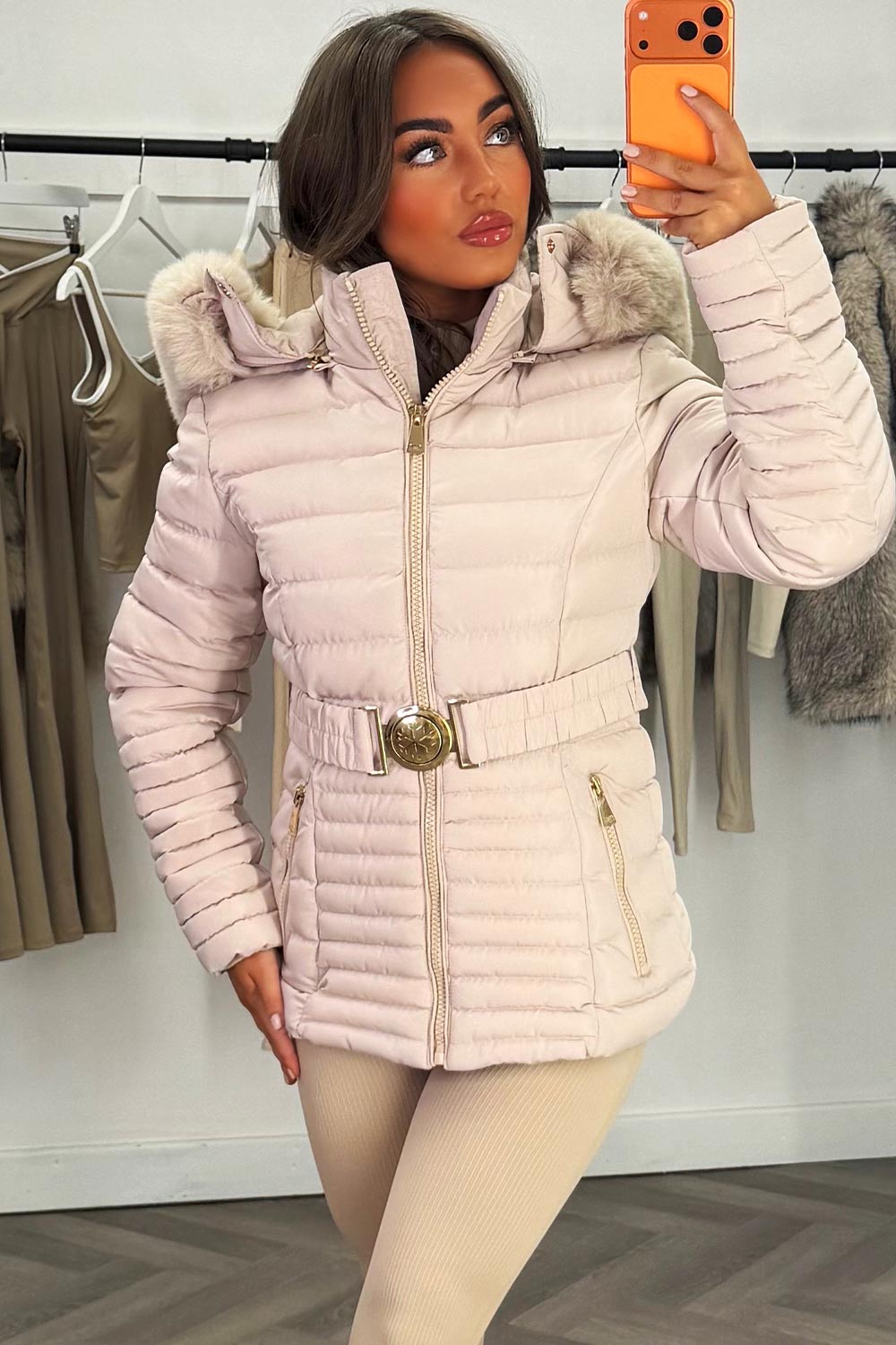 Penny | Women’s faux fur hooded puffer jacket with gold belt
