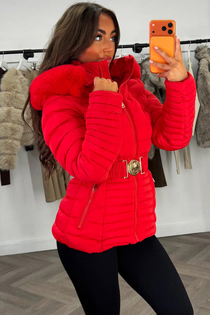 Megan | Women’s faux fur hooded puffer jacket with belt