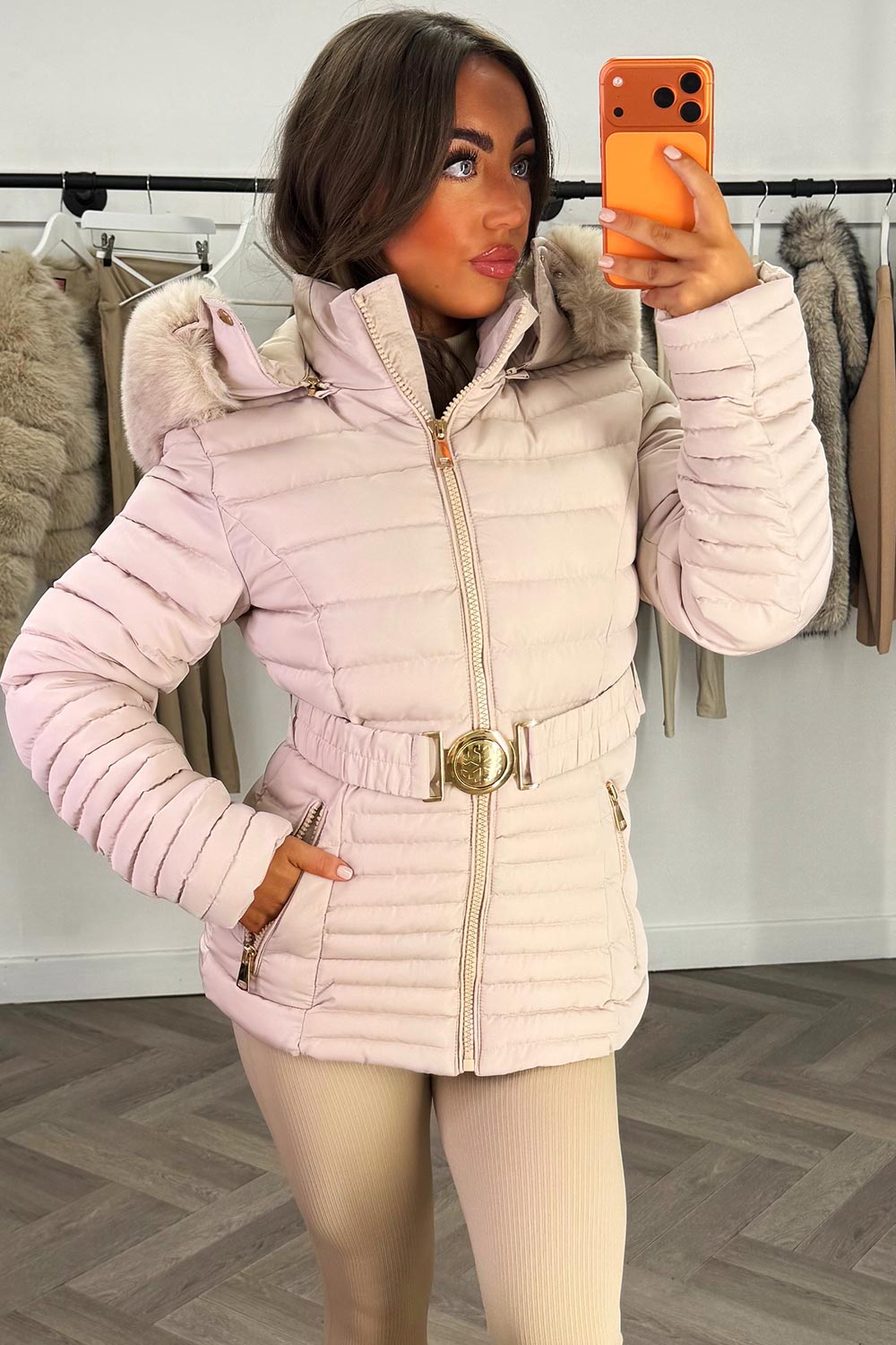 Penny | Women’s faux fur hooded puffer jacket with gold belt