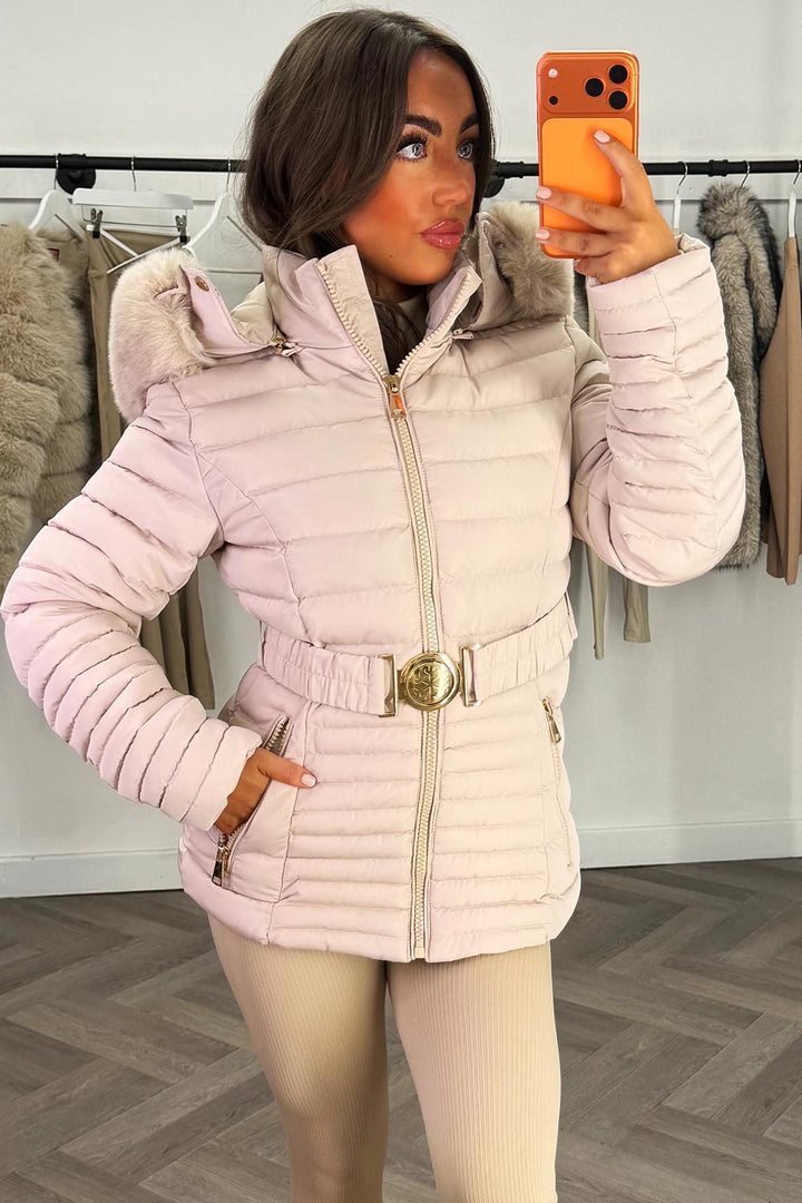 Penny | Women’s faux fur hooded puffer jacket with gold belt