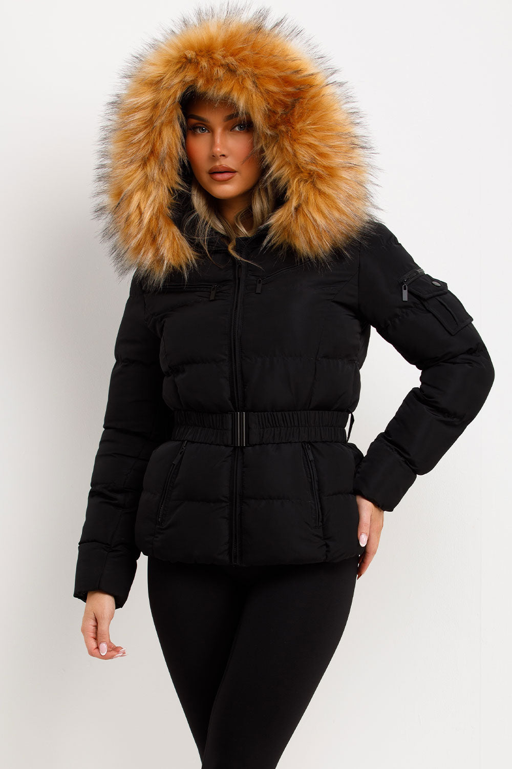 Lucille | Women’s belted faux fur hooded puffer jacket