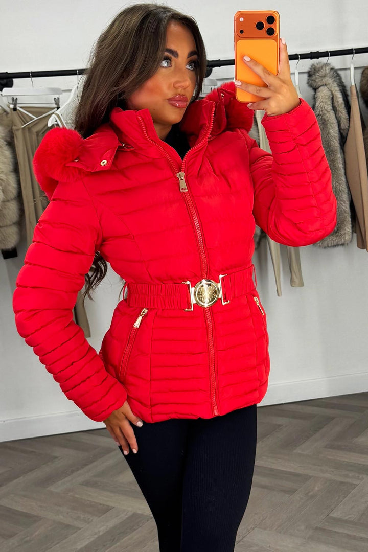 Megan | Women’s faux fur hooded puffer jacket with belt