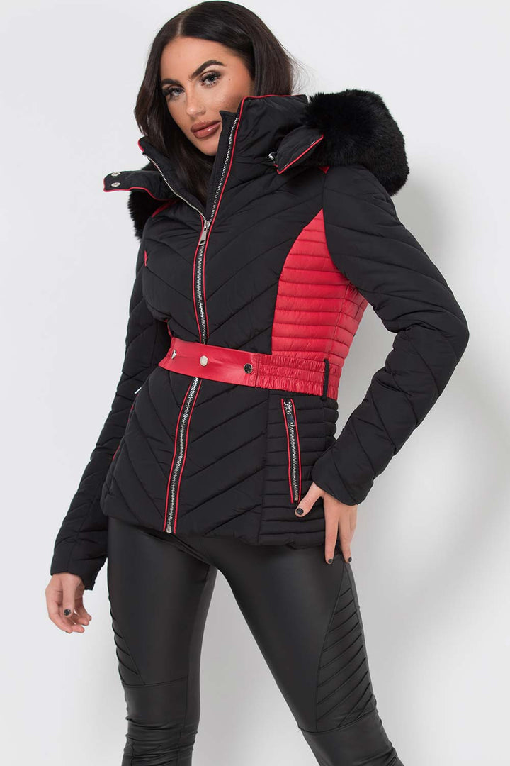 Karter | Women’s belted two-tone puffer jacket with luxe faux fur hood