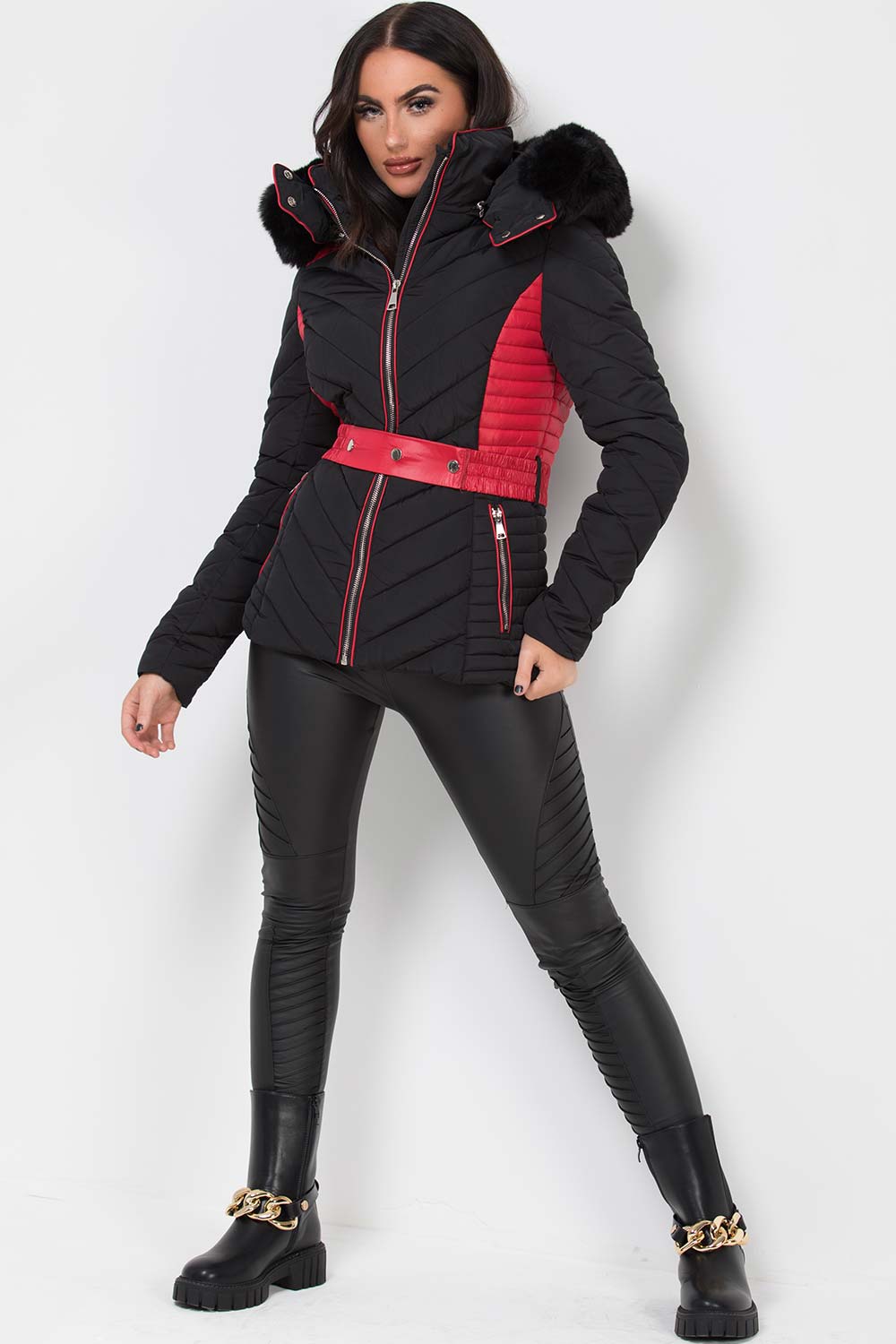 Karter | Women’s belted two-tone puffer jacket with luxe faux fur hood