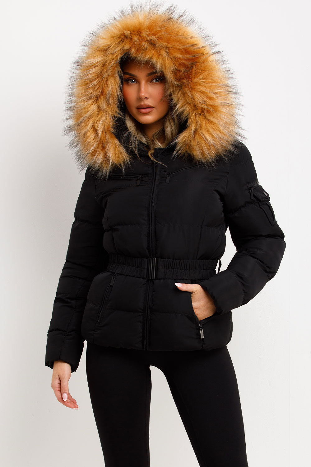 Lucille | Women’s belted faux fur hooded puffer jacket