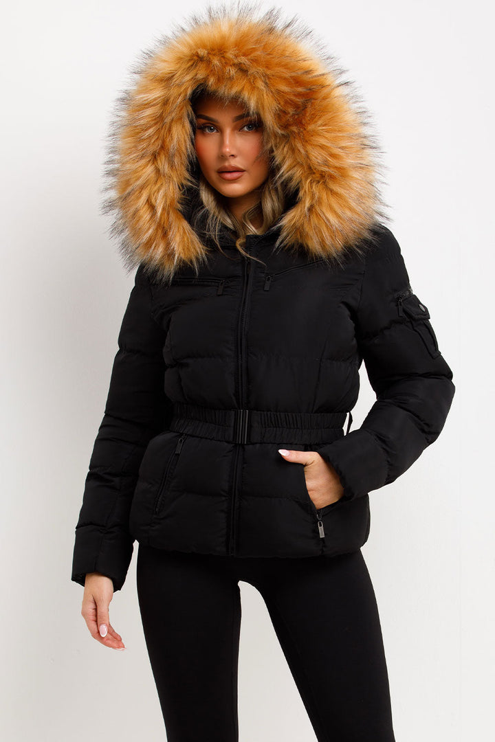 Lucille | Women’s belted faux fur hooded puffer jacket