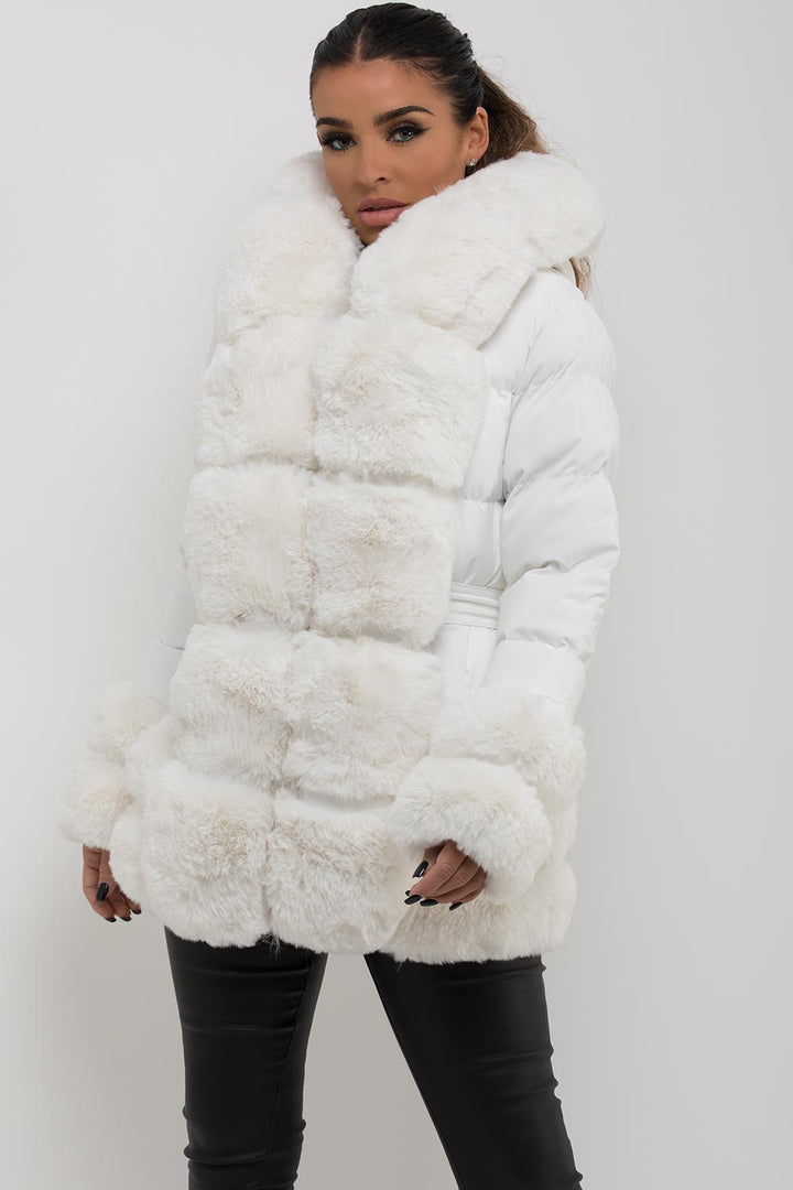 Marigold | Women’s faux fur trim hooded puffer jacket with belt
